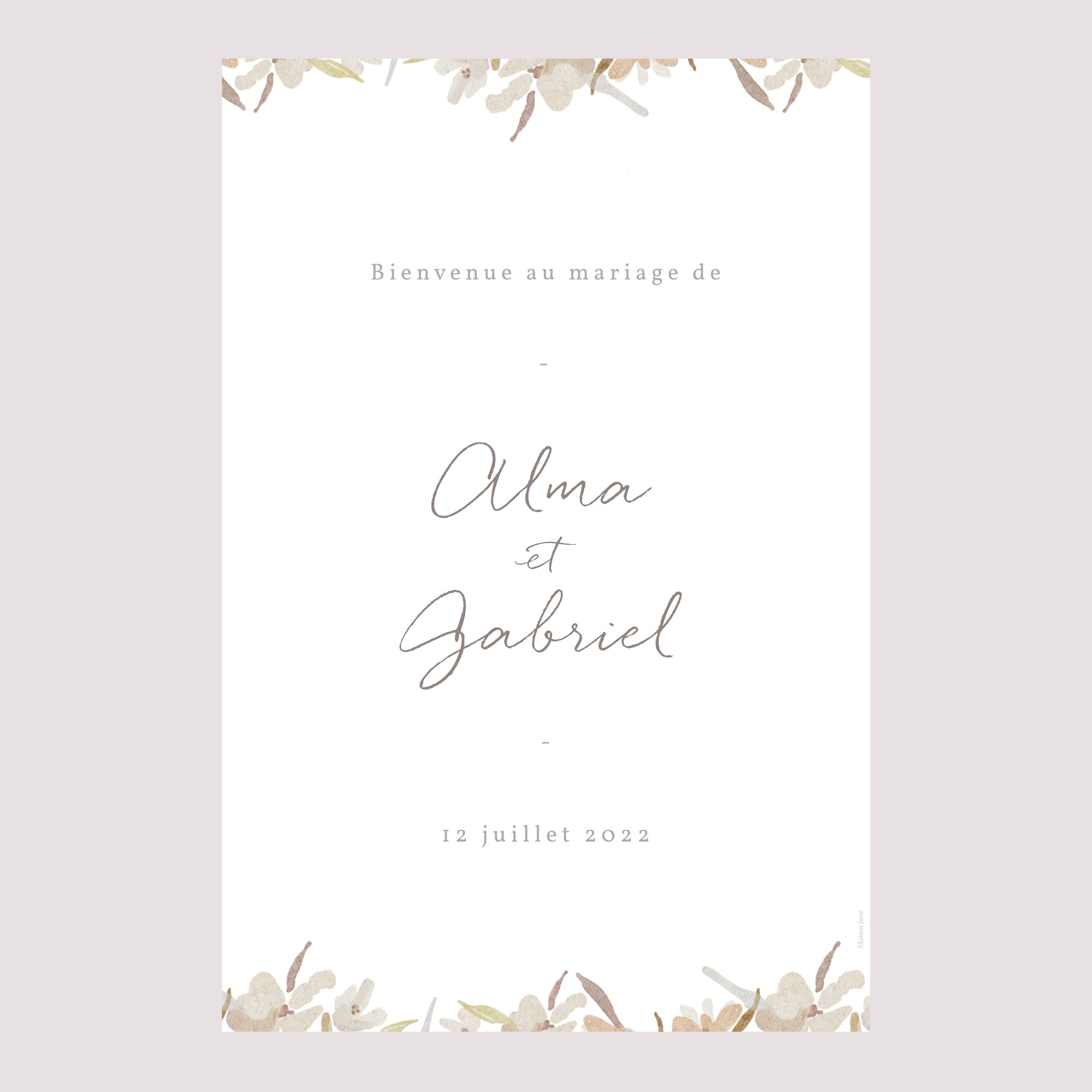 Panneau bienvenue Mariage Portrait 60 x 90 cm Couronne Fleurs Aquarelle photo N° 2