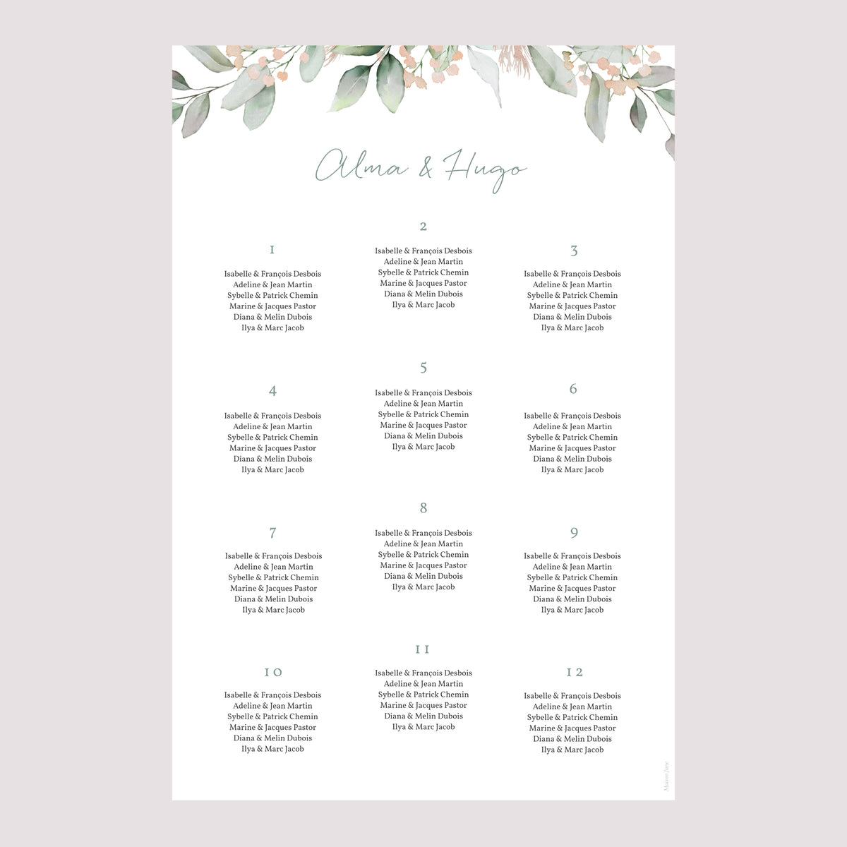 Plan de table Mariage Portrait 60 x 90 cm Floral pastel photo N° 2