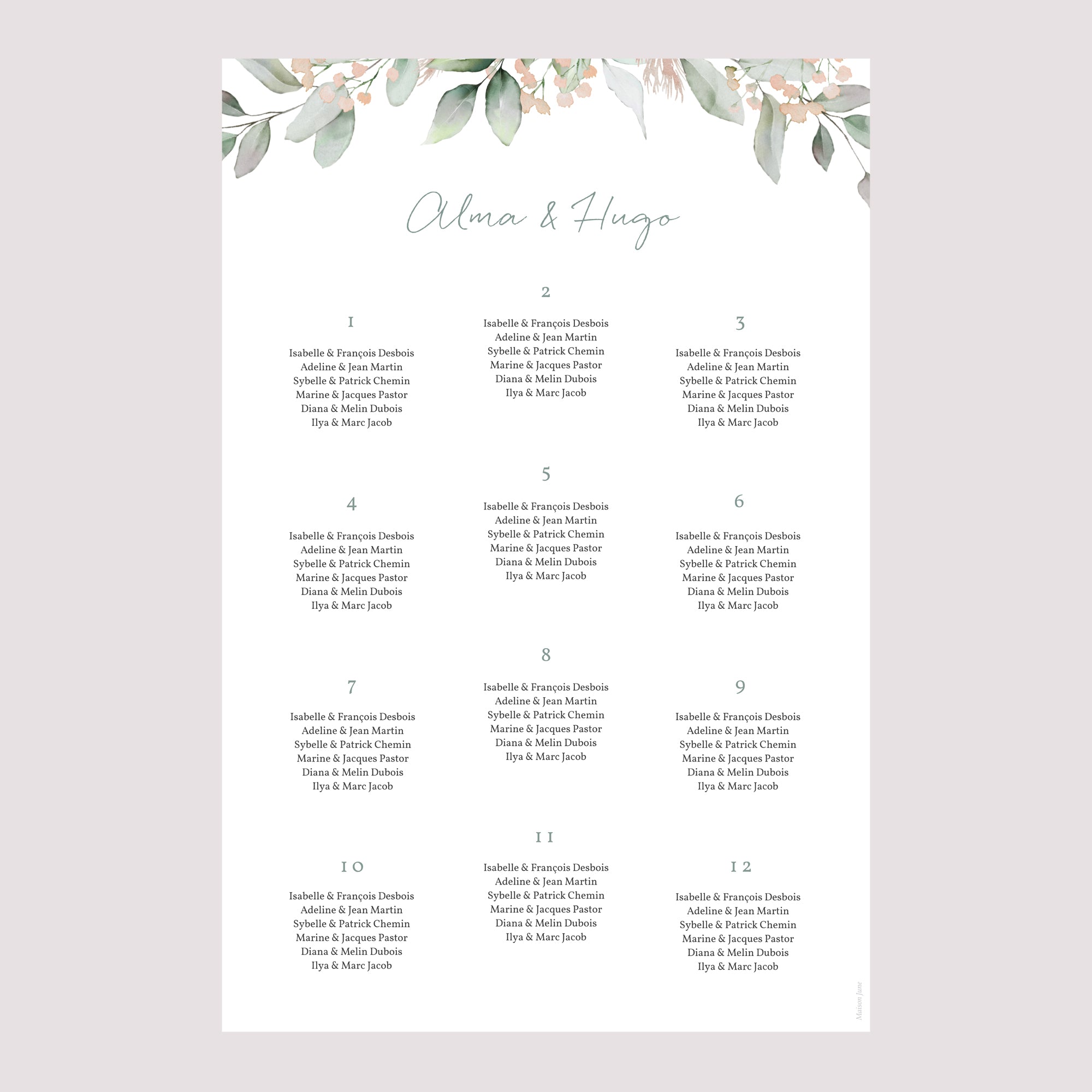 Plan de table Mariage Portrait 60 x 90 cm Floral pastel photo N° 2