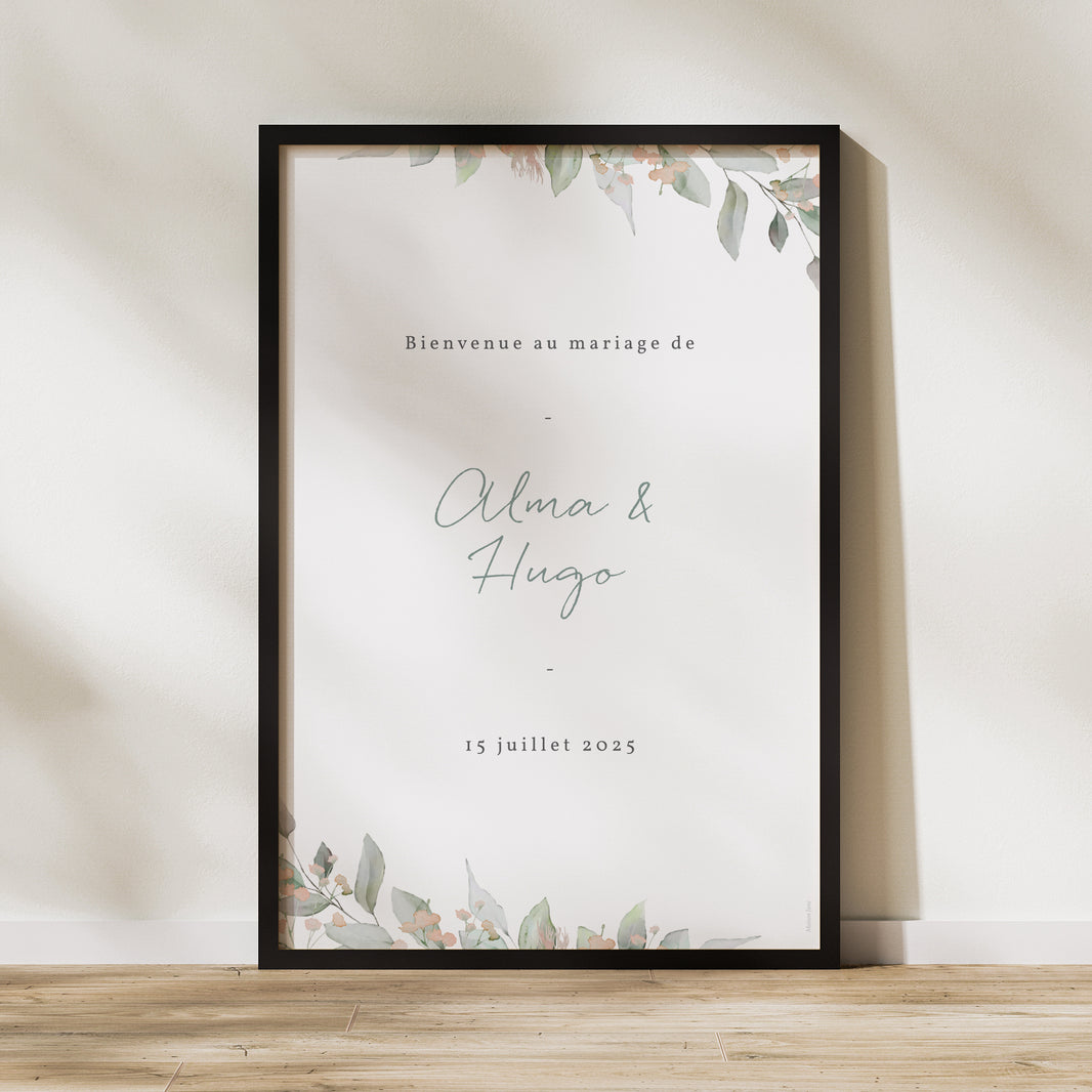 Panneau bienvenue Mariage Portrait 60 x 90 cm Floral pastel photo N° 1