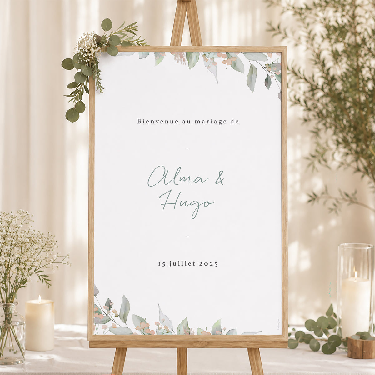 Panneau bienvenue Mariage Portrait 60 x 90 cm Floral pastel photo N° 1