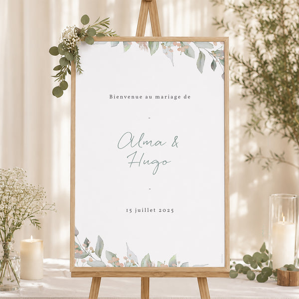 Panneau bienvenue Mariage Portrait 60 x 90 cm Floral pastel photo