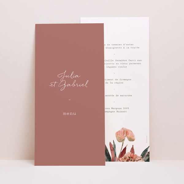 Menu Mariage Panoramique portrait Arche fleurs tons rouge orange photo
