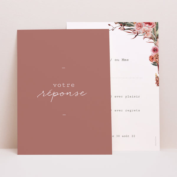 Carton réponse Mariage Portrait Arche fleurs tons rouge orange photo