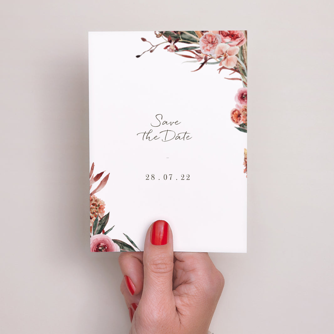 Save the date Mariage Portrait Arche fleurs tons rouge orange photo N° 2