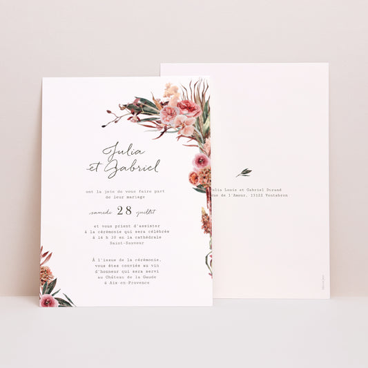 Faire-part Mariage Portrait Arche fleurs tons rouge orange photo