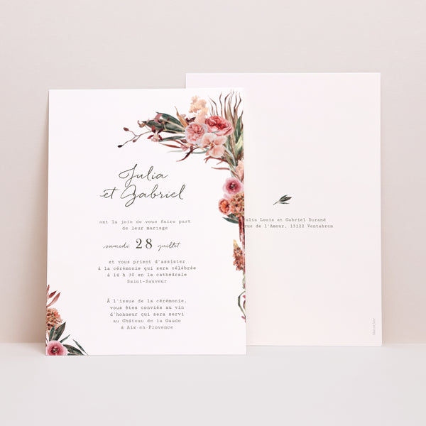 Faire-part Mariage Portrait Arche fleurs tons rouge orange photo