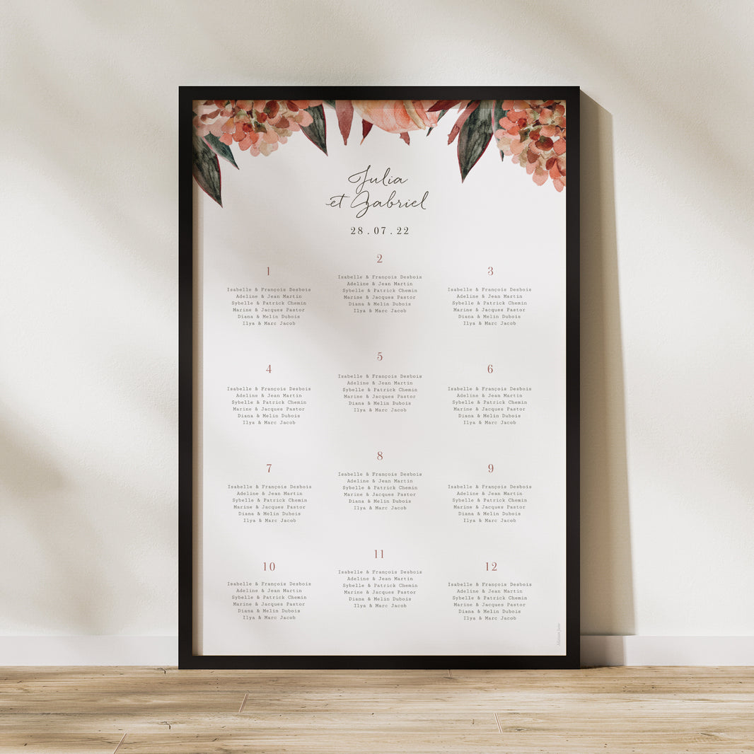 Plan de table Mariage Portrait Arche fleurs tons rouge orange photo N° 1