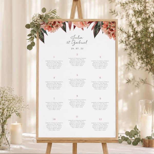 Plan de table Mariage Portrait Arche fleurs tons rouge orange photo