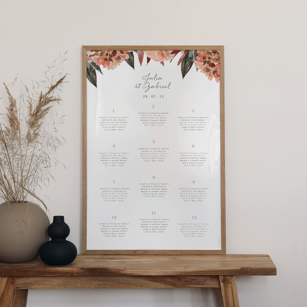 Plan de table Mariage Portrait Arche fleurs tons rouge orange photo N° 2