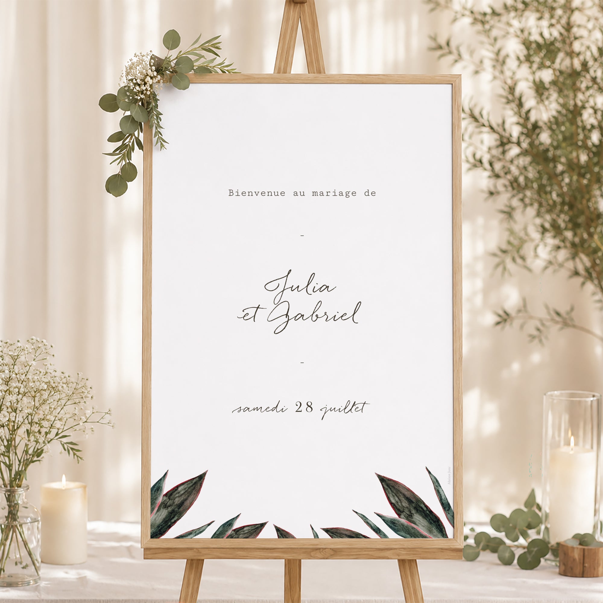 Panneau bienvenue Mariage Portrait 60 x 90 cm Arche fleurs tons rouge orange photo N° 1