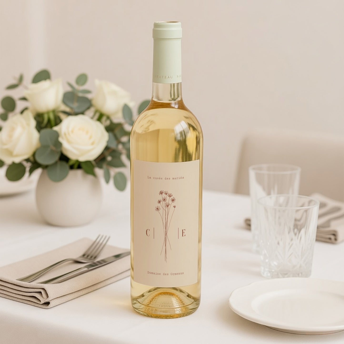 Etiquette bouteille Mariage Portrait Silhouette - Fleurs des champs photo N° 2