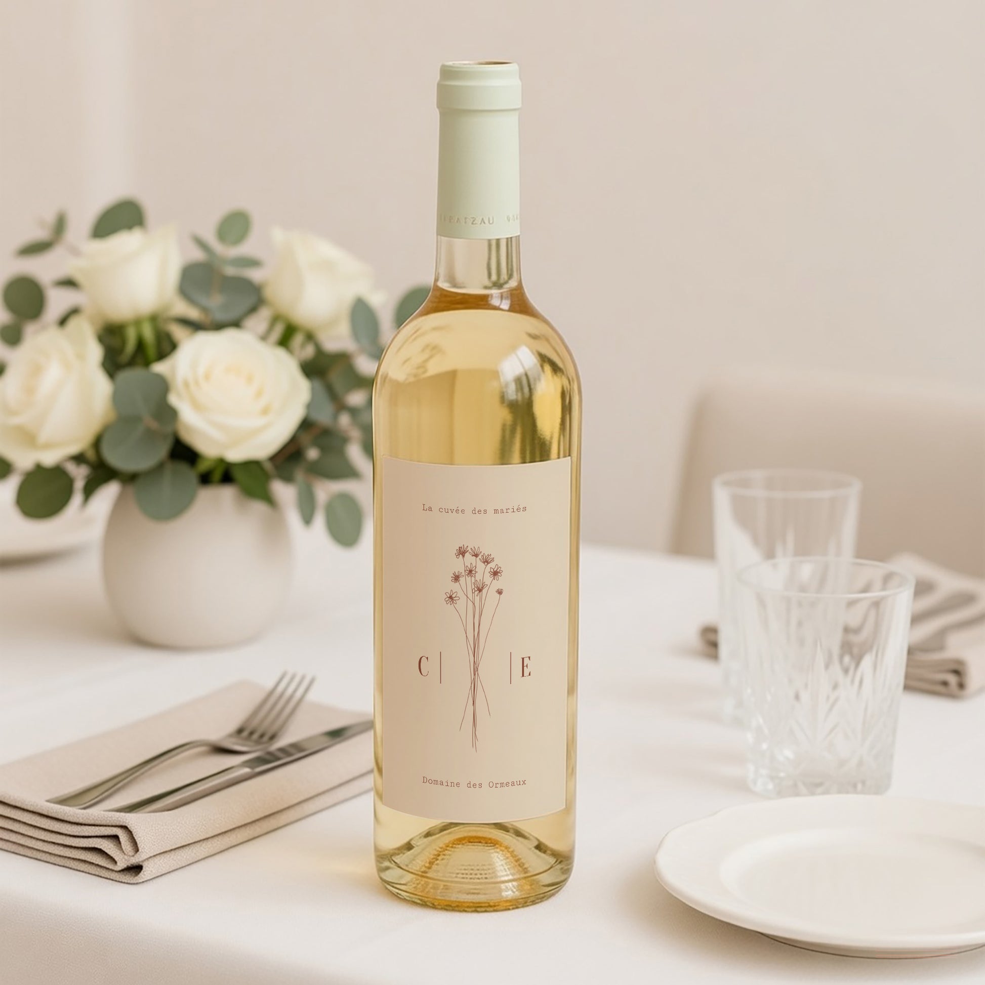 Etiquette bouteille Mariage Portrait Silhouette - Fleurs des champs photo N° 2