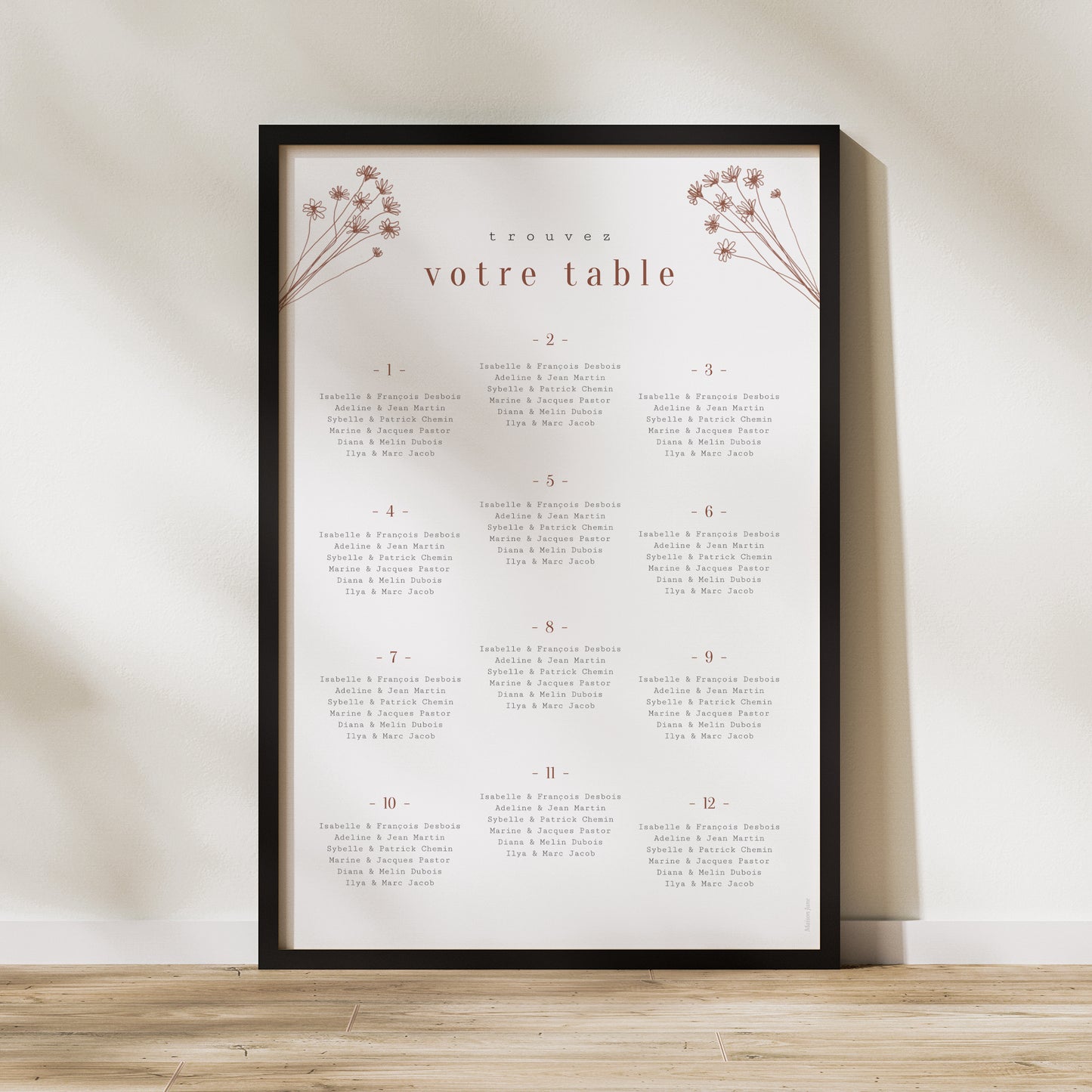 Plan de table Mariage Portrait Silhouette - Fleurs des champs photo N° 1