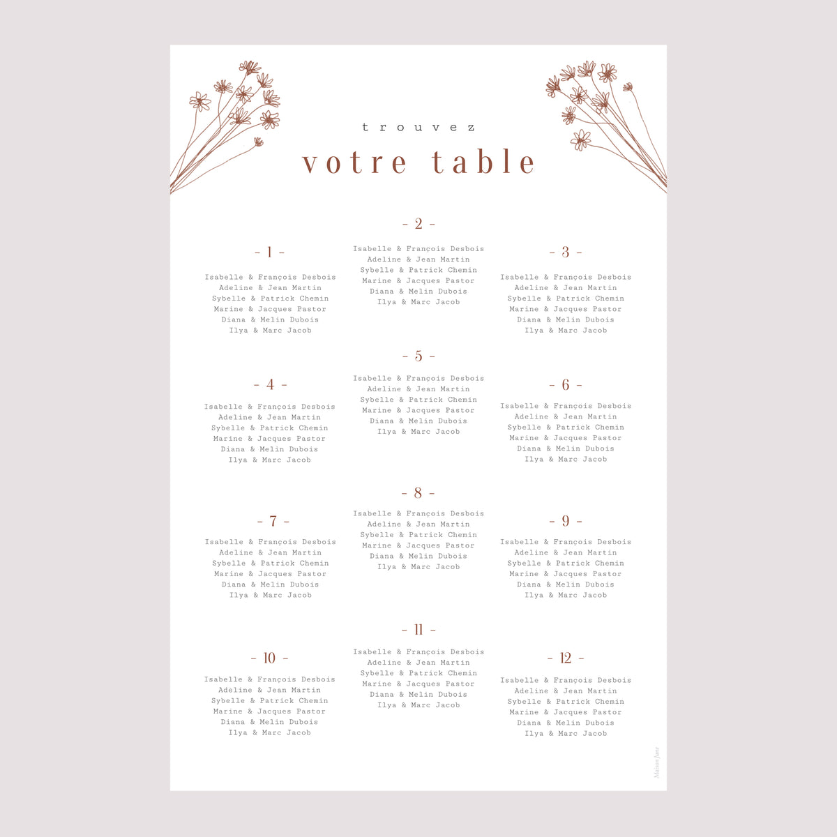 Plan de table Mariage Portrait Silhouette - Fleurs des champs photo N° 2