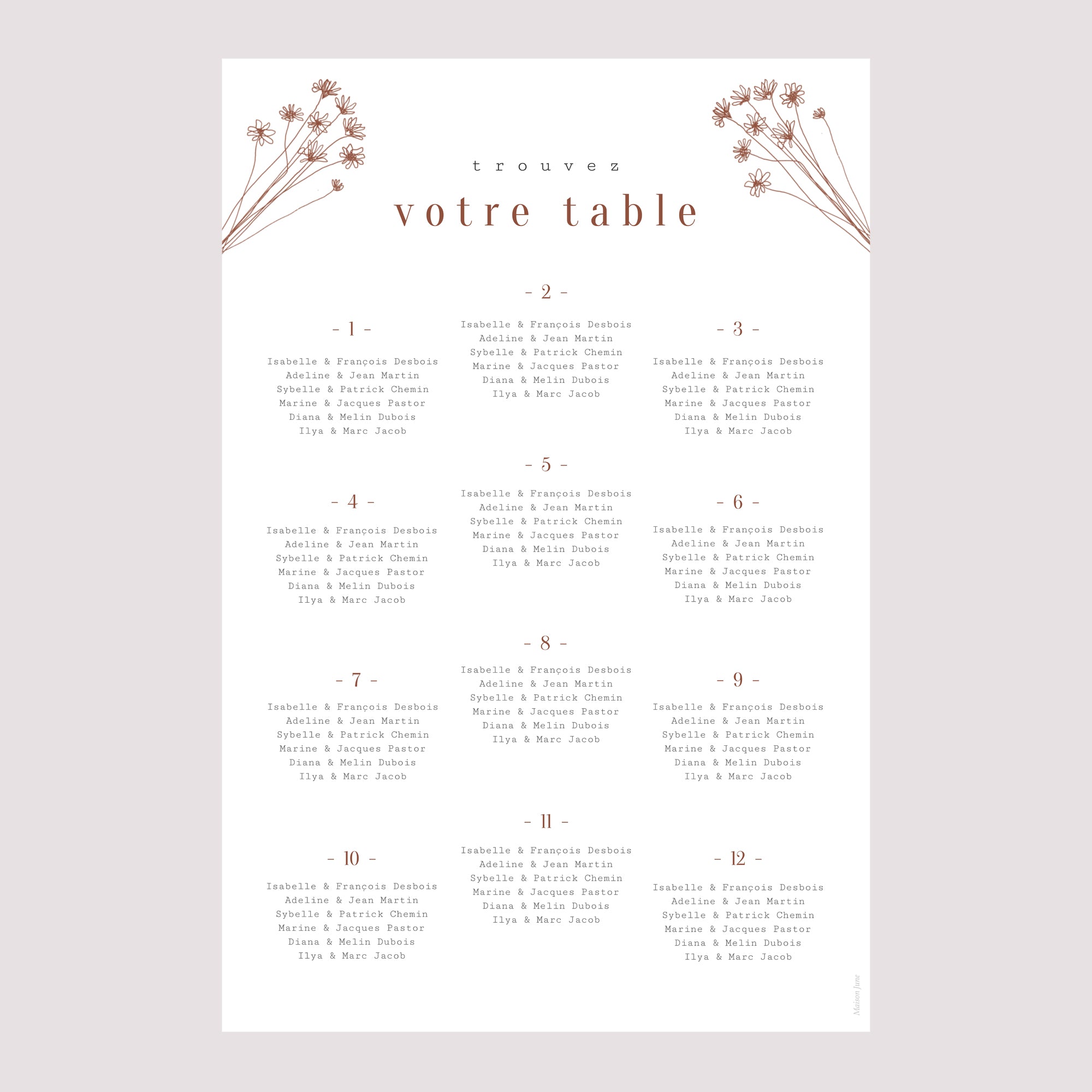 Plan de table Mariage Portrait Silhouette - Fleurs des champs photo N° 2