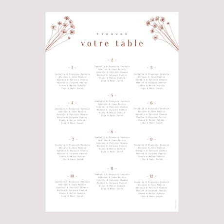 Plan de table Mariage Portrait Silhouette - Fleurs des champs