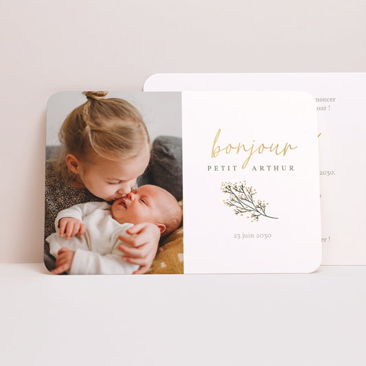 Faire-part Naissance Paysage, bords arrondis Bonjour, Petit brin doré photo