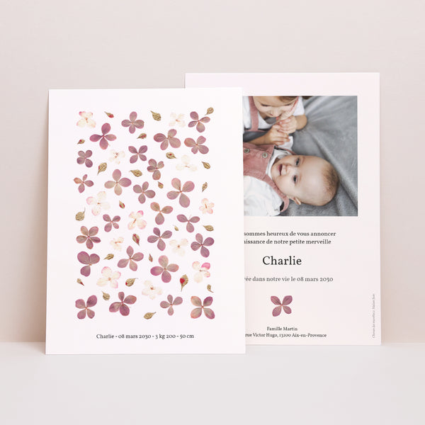 Faire-part Naissance Portrait Chemin des marettes rose photo