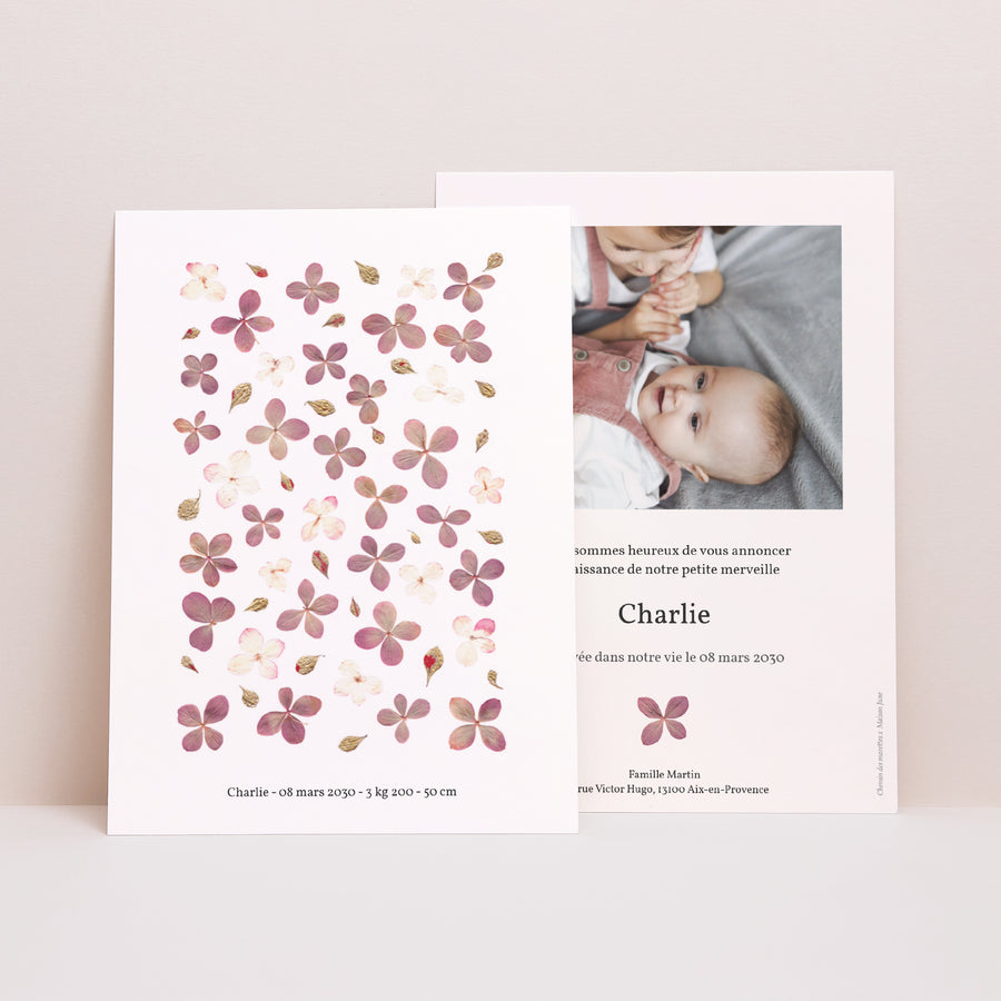 Faire-part Naissance Portrait chemin des marettes rose photo