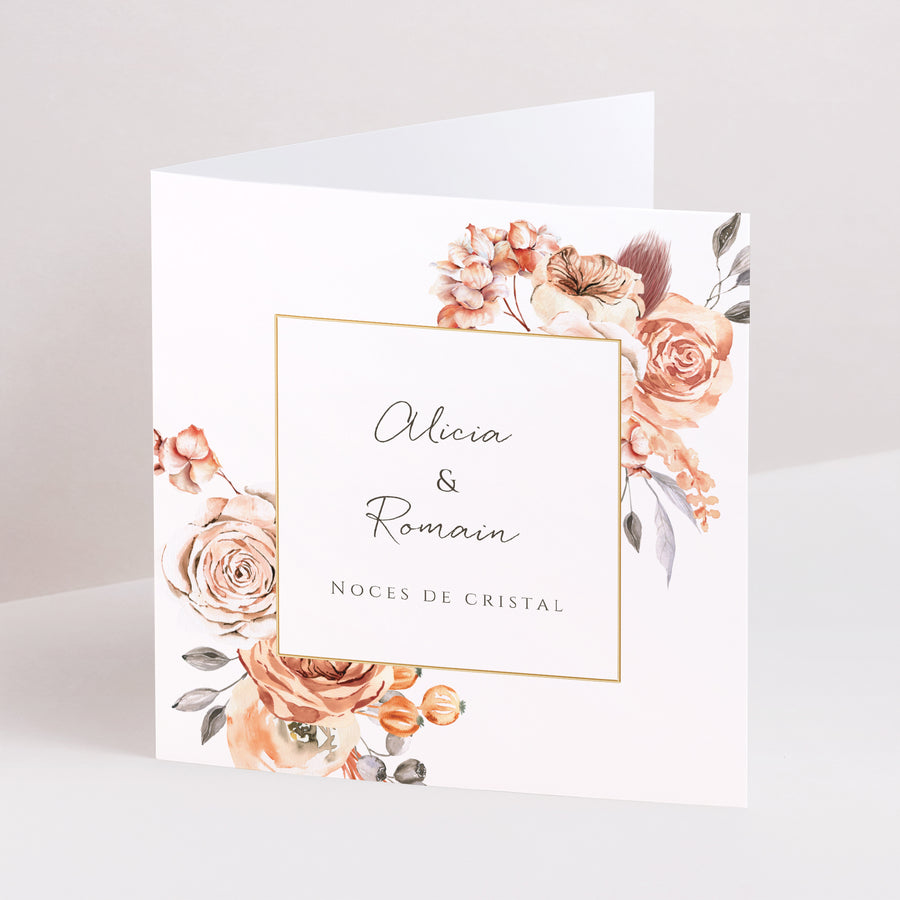 Invitations Anniversaire de mariage Carré double volet Romantico, Roses caramel photo