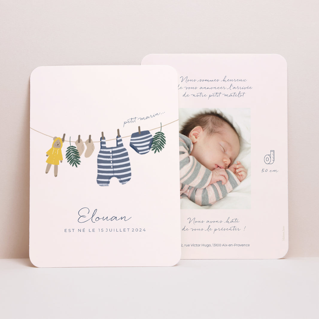 Faire-part Naissance Portrait, bords arrondis Vestiaire petit marin photo N° 1