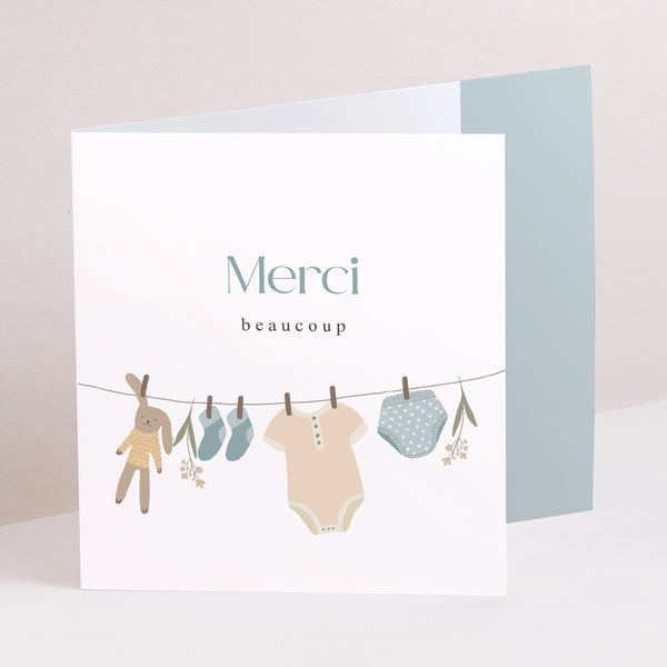 Remerciements Naissance Double volet asymétrique Petits vêtements garçon sur fil à linge photo