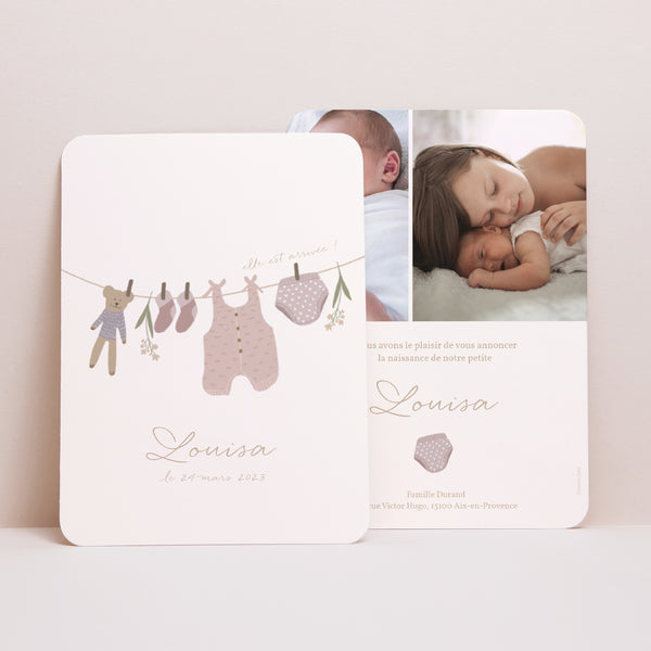 Faire-part Naissance Portrait, bords arrondis Vestiaire fil à linge fille photo