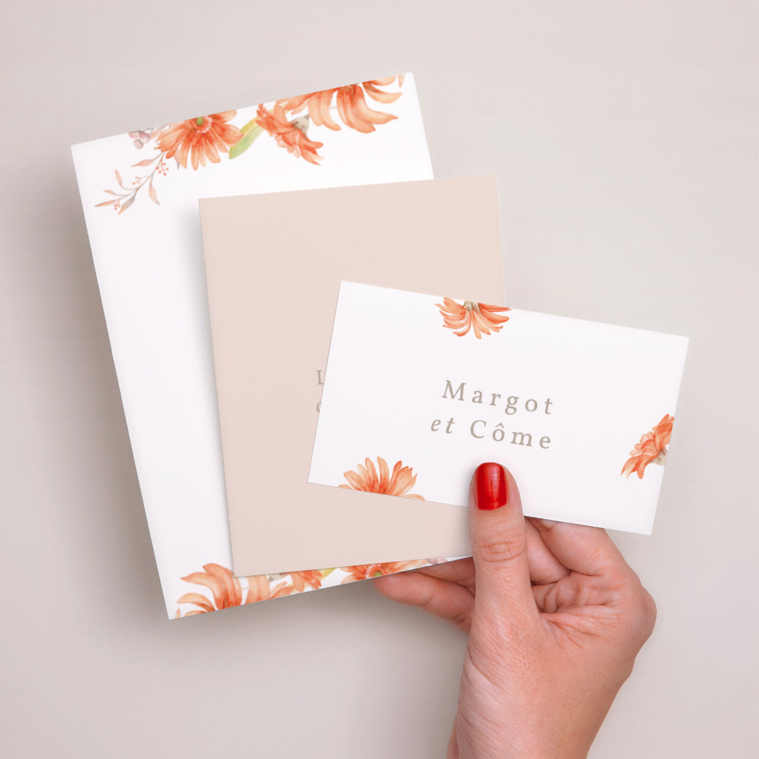 Faire-part Mariage 3 cartes, ruban Couronne & Fleurs Solsticiales photo N° 3