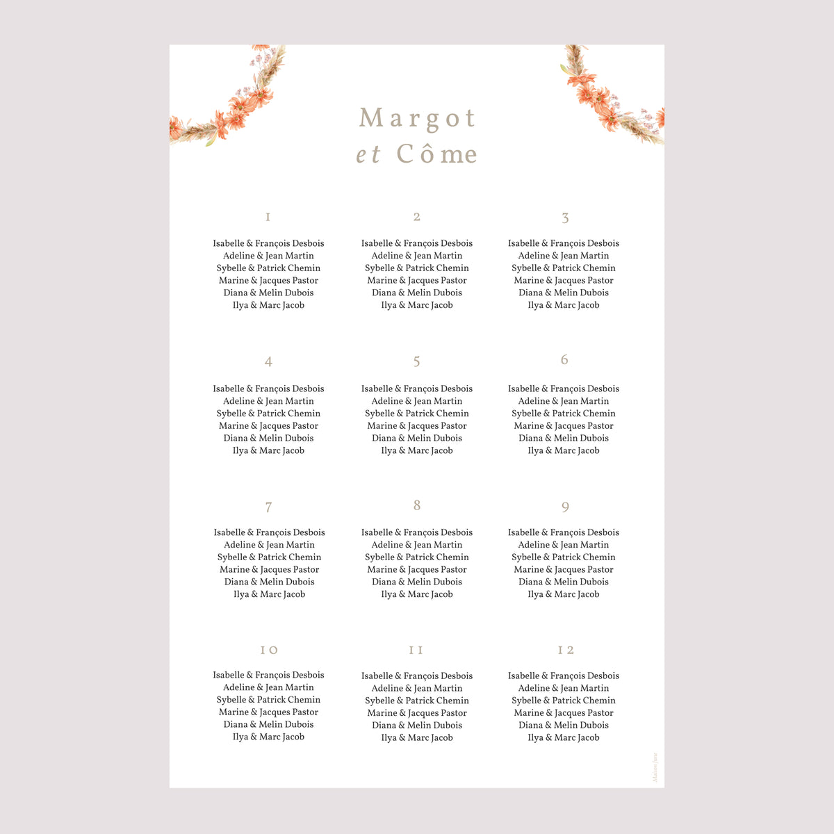 Plan de table Mariage Portrait Couronne & Fleurs Solsticiales photo N° 2