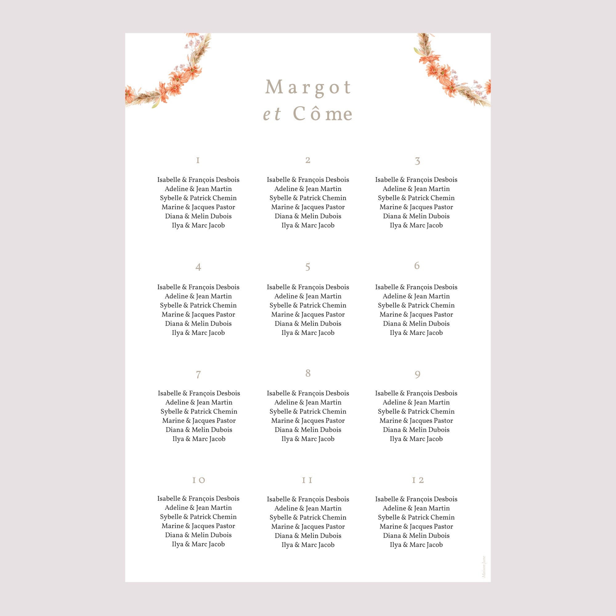 Plan de table Mariage Portrait Couronne & Fleurs Solsticiales photo N° 2