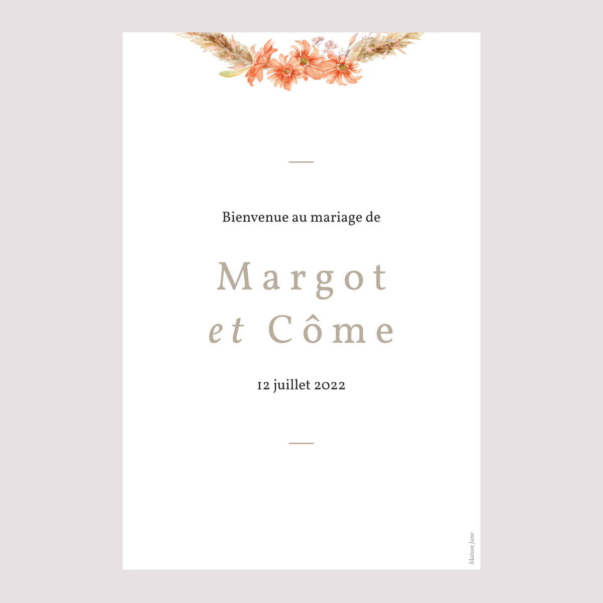 Panneau bienvenue Mariage Portrait 60 x 90 cm Couronne & Fleurs Solsticiales photo N° 2