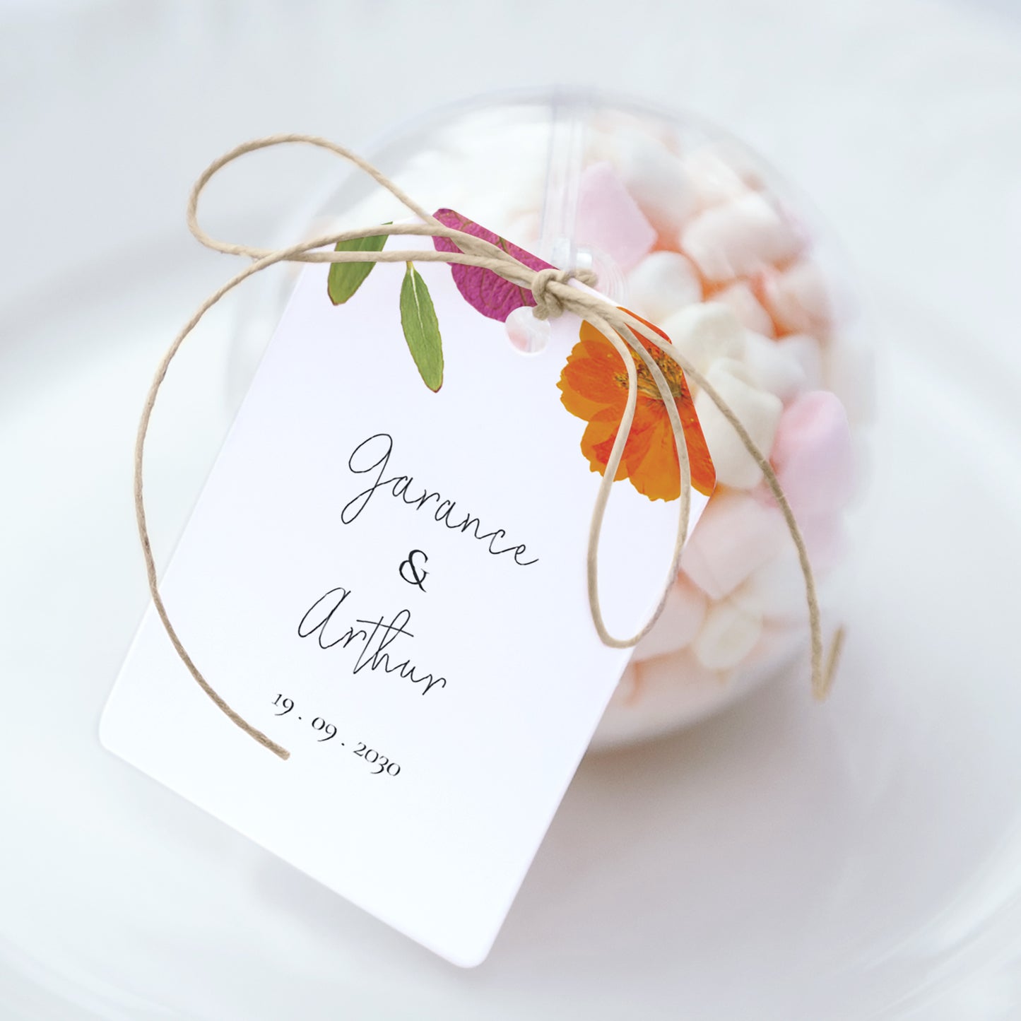 Boîte à dragées Mariage boule avec étiquette fanion Herbier Bucolique photo N° 1