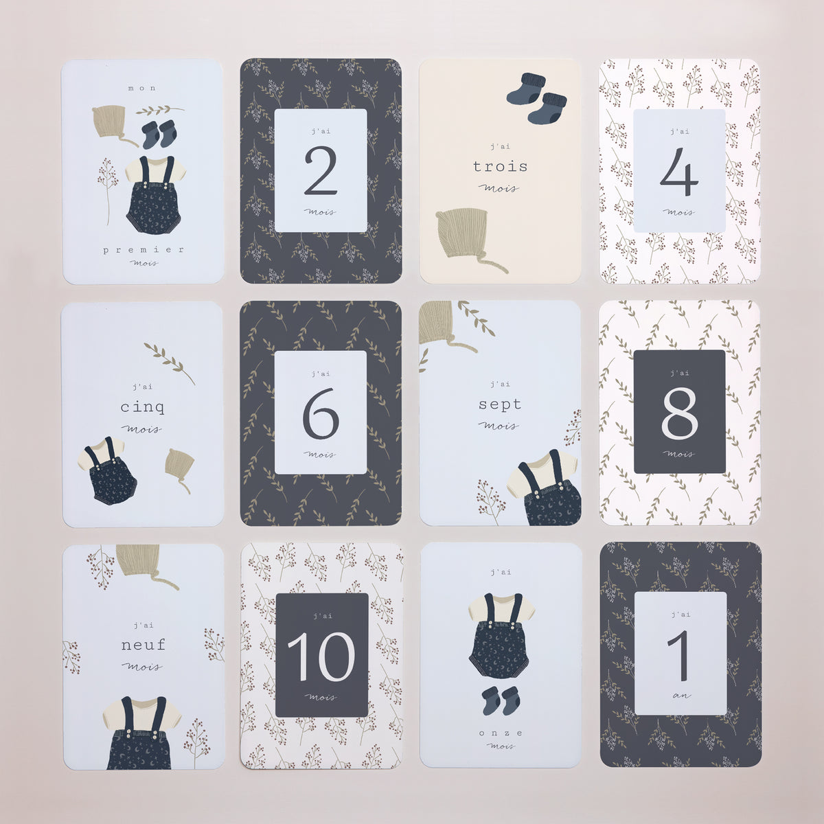 Carte étape bébé Naissance Lot de 12 Vestiaire garçon fond gris vert photo N° 3