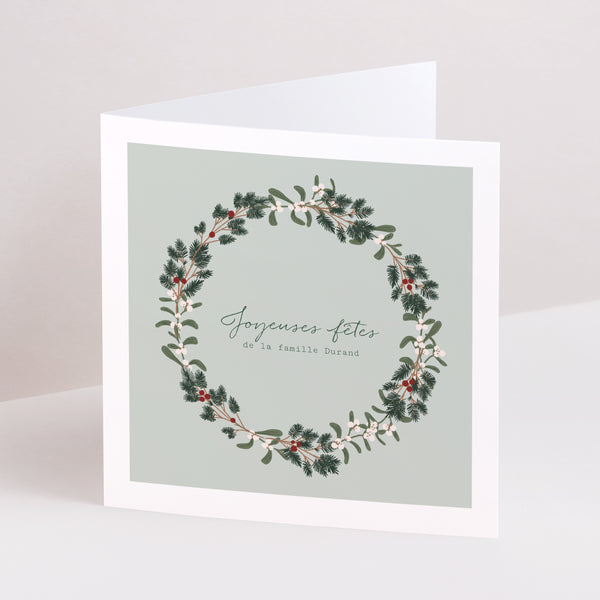 Carte de Noel Fin d'année Carré double volet Couronne sapin et gui photo