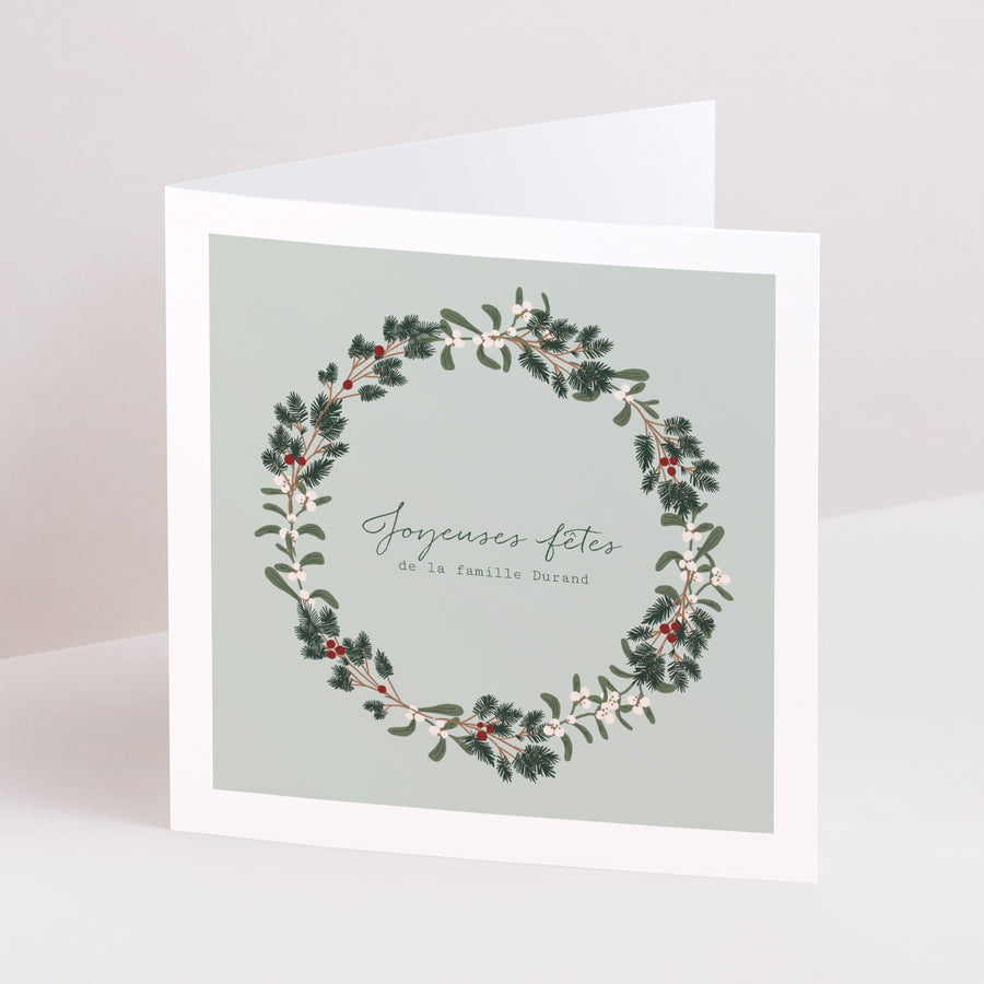 Carte de voeux Fin d'année Carré double volet Couronne sapin et gui photo