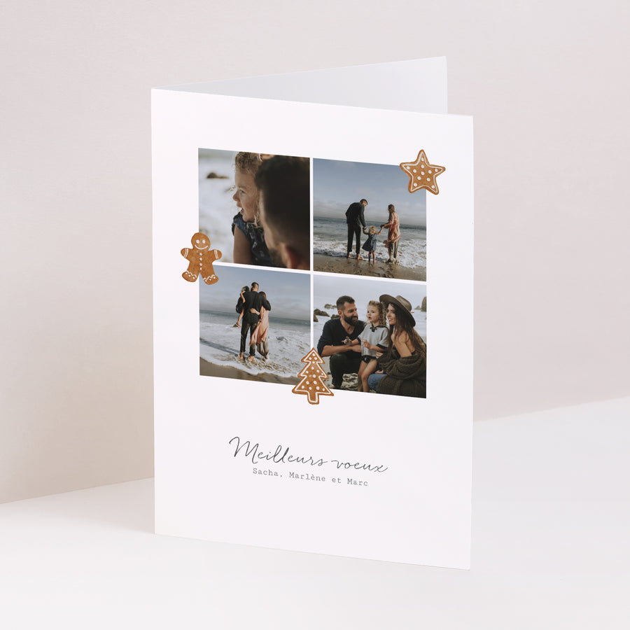 Carte de voeux Fin d'année Portrait double volet Biscuits et photos photo