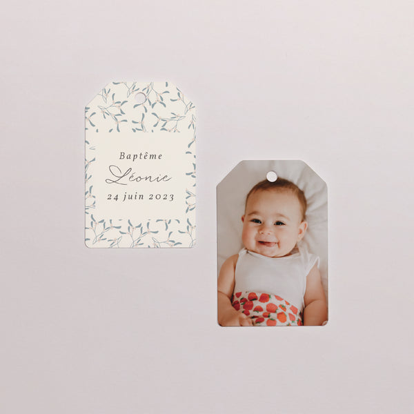 Etiquette perforée Baptême Fanion Bébé, coussin photo