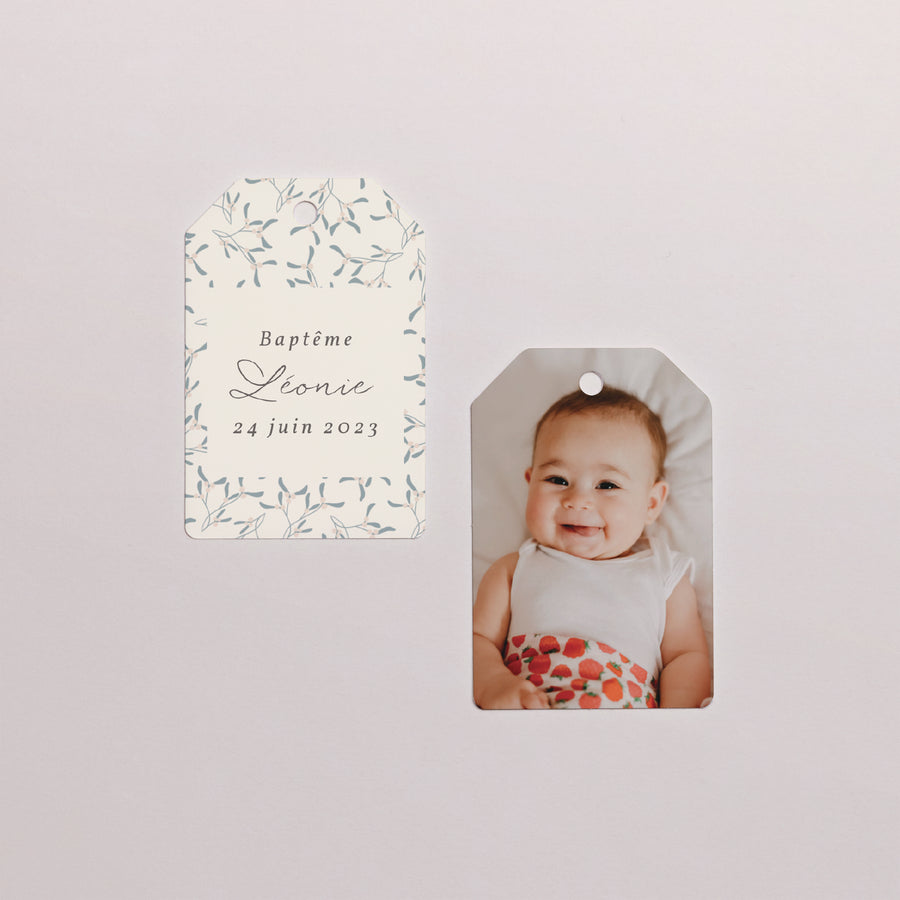 Etiquette perforée Baptême Fanion Bébé, coussin photo