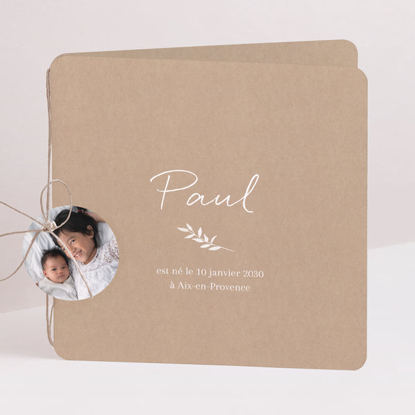 Faire-part Naissance Carré double volet, coins arrondis, étiquette ronde Portrait Kraft Naturel photo