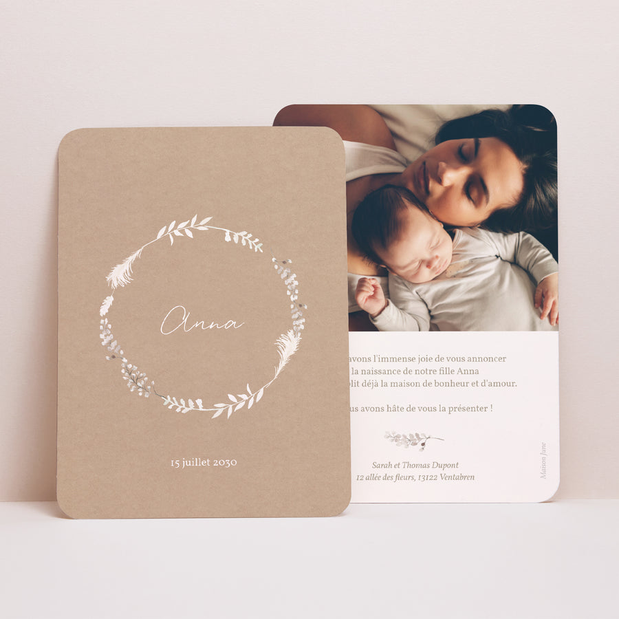 Faire-part Naissance Portrait, bords arrondis Couronne Kraft photo