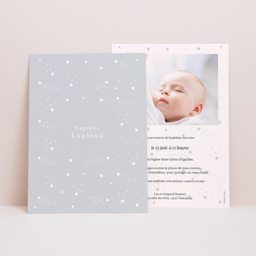Faire-part Baptême Portrait Etoiles Divines, Gris photo