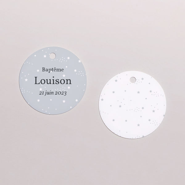 Etiquette perforée Baptême Ronde Etoiles Divines, Gris photo