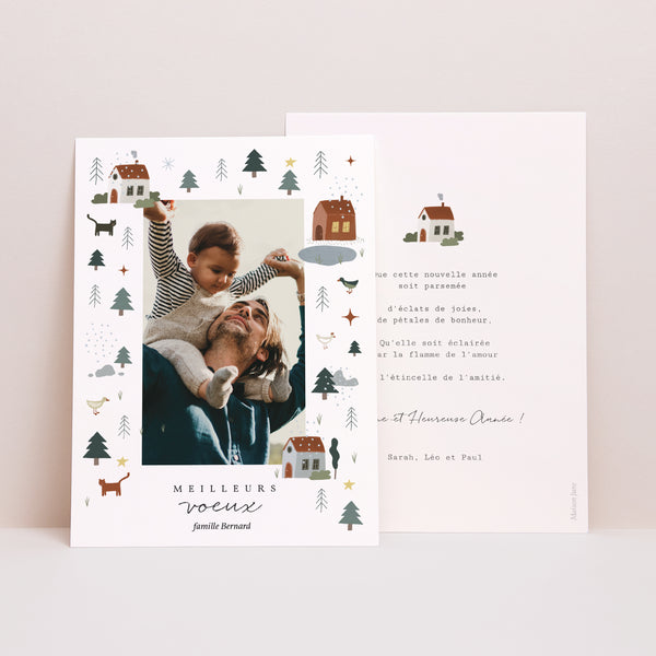 Carte de voeux Fin d'année Portrait Maisons, lac, sapins photo