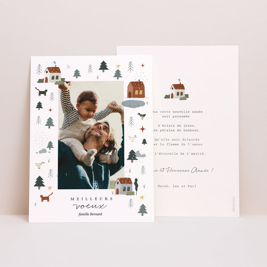 Carte de voeux Fin d'année Portrait Maisons, lac, sapins photo