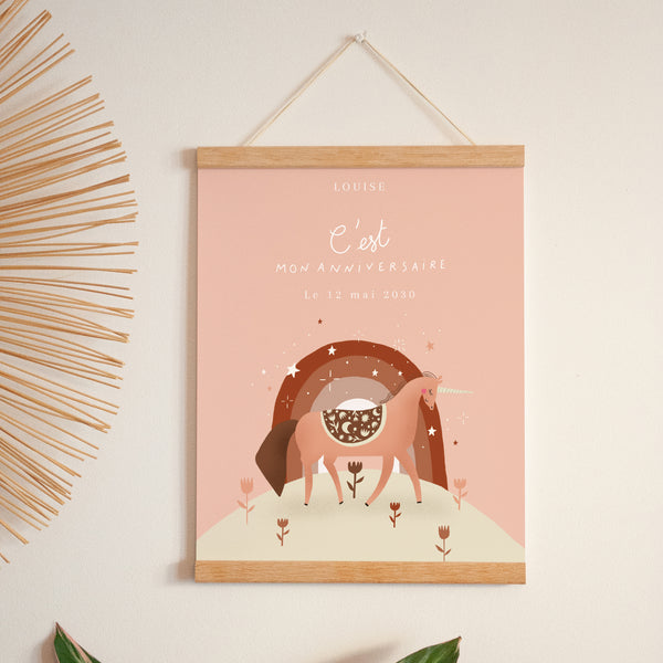 Affiche Anniversaire Enfant Portrait 30 x 40 cm Licorne Rose Poudré photo