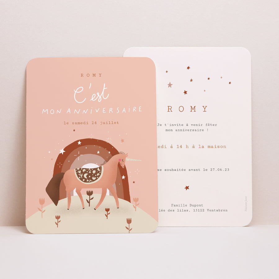 Invitations Anniversaire Enfant Portrait, bords arrondis Licorne Rose Poudré photo