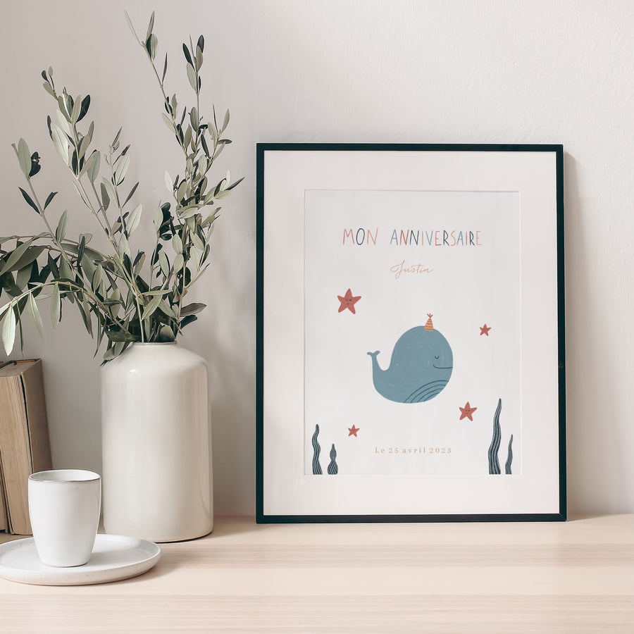 Affiche Anniversaire Enfant Portrait Baleine Bleue photo