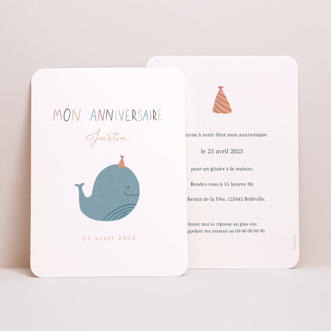 Invitations Anniversaire Enfant Portrait, bords arrondis Baleine Bleue photo N° 1