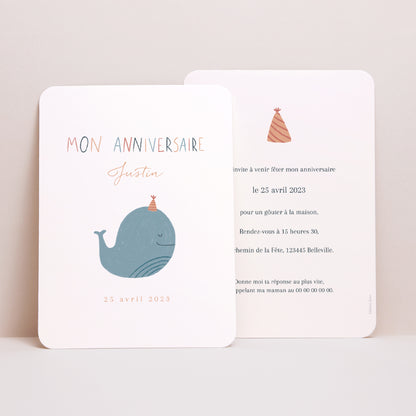 Invitations Anniversaire Enfant Portrait, bords arrondis Baleine Bleue photo N° 1